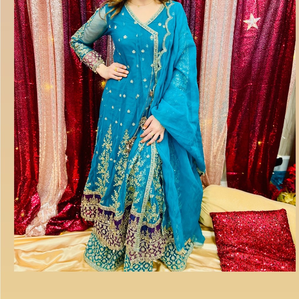 Maria B | Teal Net Embellished Angrakha Lehenga Noor Jahan Collection